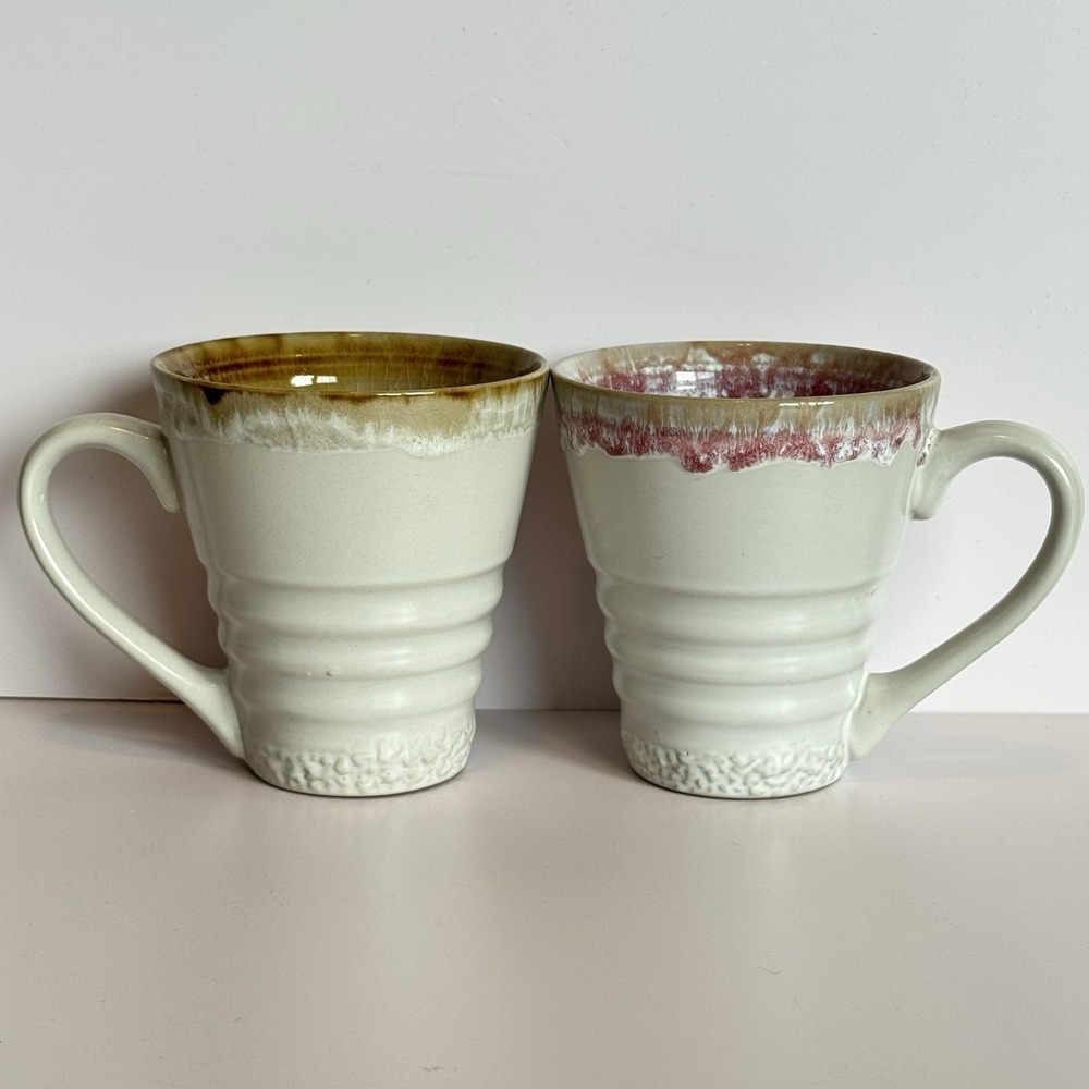 Meritage Stoneware‎ Mug Set Drip Glaze Green Brown Red 16oz Rustic Farmhouse